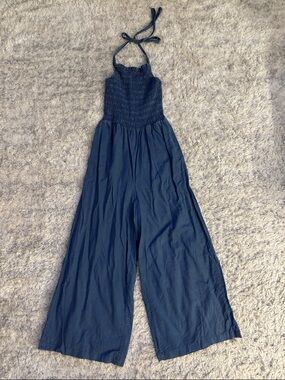 Navy Smocked Halter Wide-Leg Jumpsuit